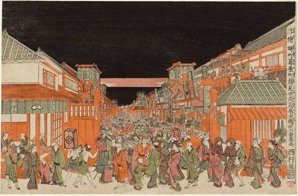 Les théâtres de Sakai-chō et Fukiya-chō à leurs ouvertures nocturnes pour le début de la saison, par Utagawa Toyoharu