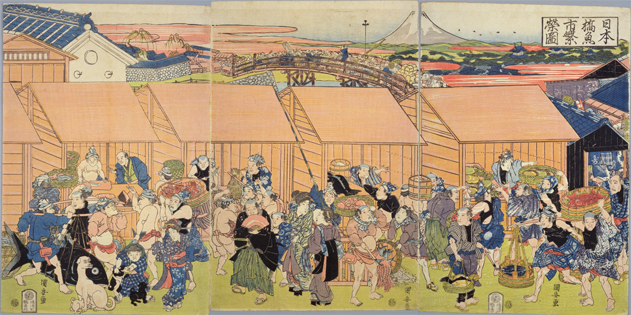 Un marché aux poissons dans le quartier Nihonbashi d’Edo au début du 19e siècle par Utagawa Kuniyasu