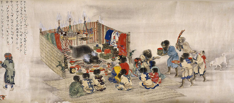 Peinture japonaise représentant un sacrifice d’ours par les Aïnous, fin 19e siècle