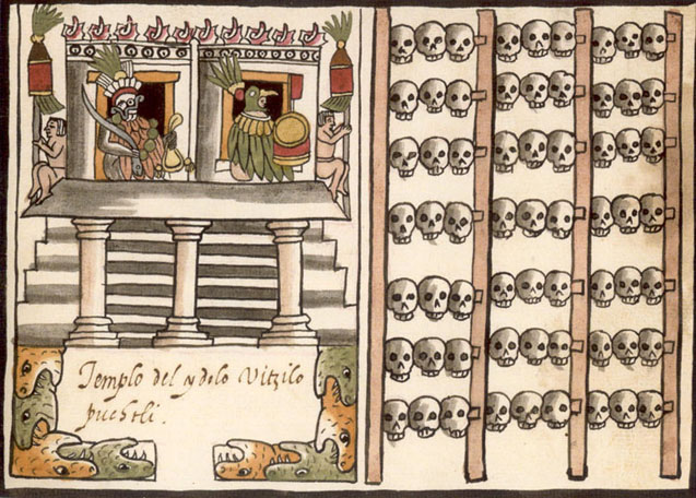Représentation d’un tzompantli aztèque, mais cette scène macabre est typique en Mésoamérique pré-colombienne