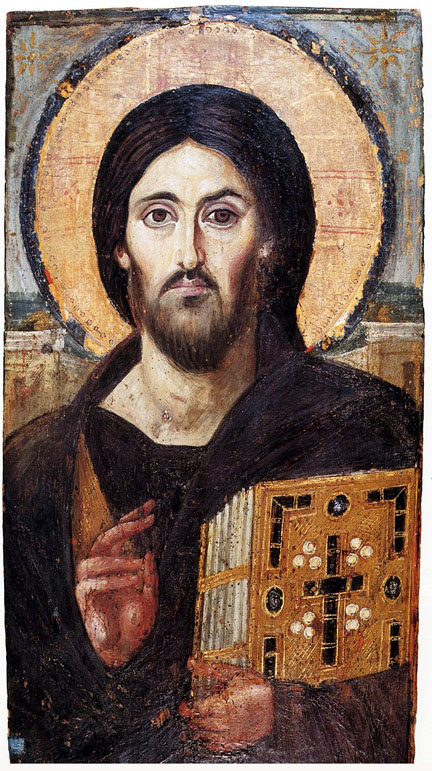 Icône du 6e siècle du Christ pantocrator c’est-à-dire en gloire, on remarquera le visage séparé en deux (divin et rédempteur à gauche, humain et tourné vers la révélation de l’autre)
