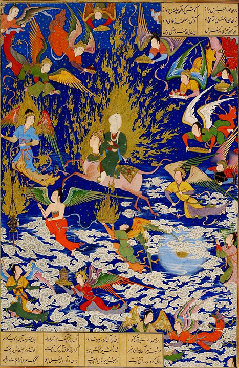 Miniature persane du 16e siècle montrant le voyage nocturne de Mahomet dans les cieux au moyen de la monture Bouraq