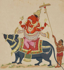 Représentation de Ganesha au début du 19e siècle ; on le voit traditionnellement avec des sucreries dans une main et un petit rat (ici grand) l’accompagne, lui servant de moyen de transport