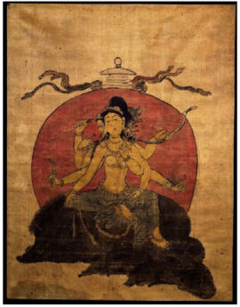 La déesse bouddhiste Mārīcī, Tibet, 17e siècle ; elle fut particulièrement vénérée par la caste des guerriers en Chine, en Corée et au Japon