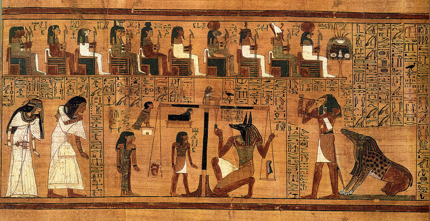 La pesée du cœur à l’aune de la plume de Maât devant le tribunal des dieux, papyrus datant de 1250 avant notre ère