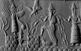 Le dieu solaire Shamash est au centre de cette scène divine de Mésopotamie : avec des éclairs sortant de ses épaules, il se fraie un passage vers l’aube