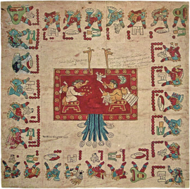 Les glyphes aztèques de 26 années, soit la moitié d’un siècle mésoaméricain ; la femme représente la nuit et verse le contenu d’un bol, l’homme représente le jour et se perce d’une aiguille pour faire une offrande de sang