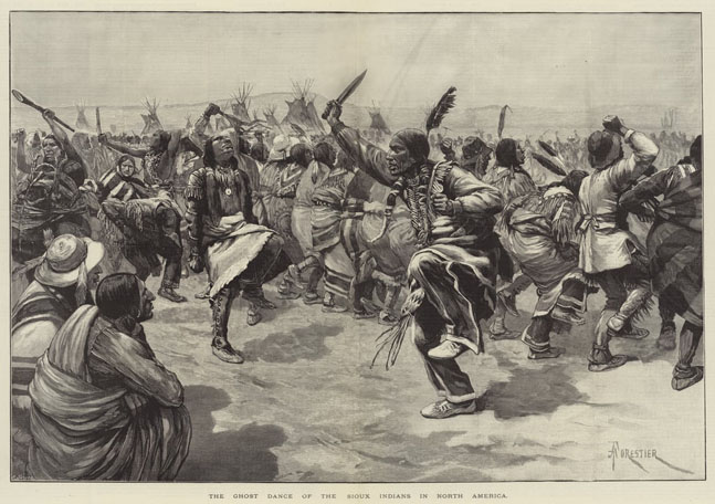 Gravure de 1891 représentant la danse des Esprits des Amérindiens Sioux