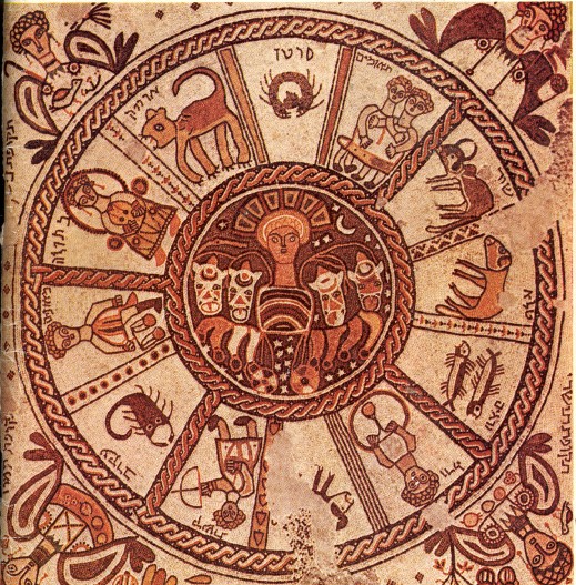 Mosaïque de la synagogue antique de Beit Alpha, on notera que les signes du zodiaque ne sont pas correctement disposés par rapport aux saisons