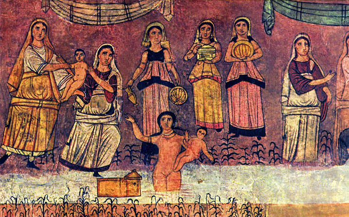 Fresque avec la fille du pharaon récupérant Moïse nourrisson, synagogue de Doura Europos, Syrie, milieu du 3e siècle