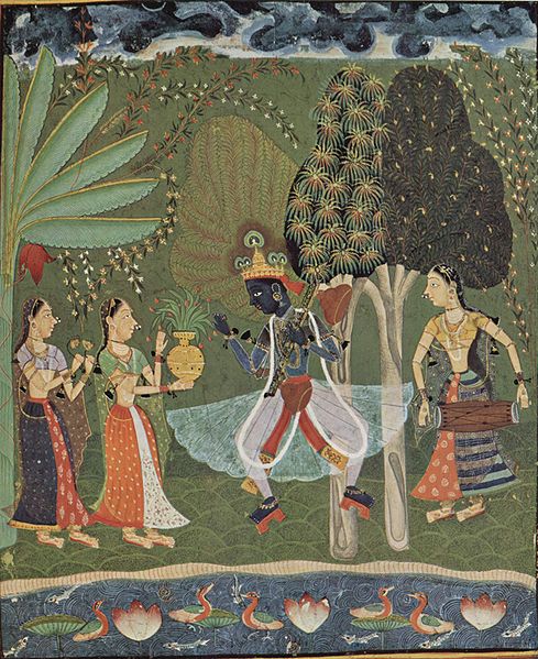 Krishna dansant dans une scène au printemps, vers 1660.