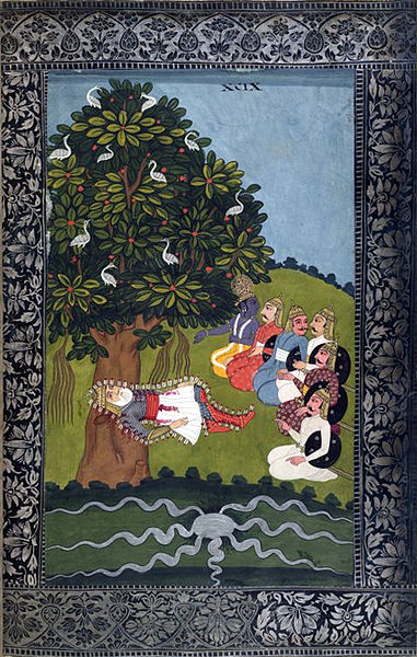 La mort de Bhisma dans le Mahâbhârata, illustration dans une traduction persane, 1598-1599.