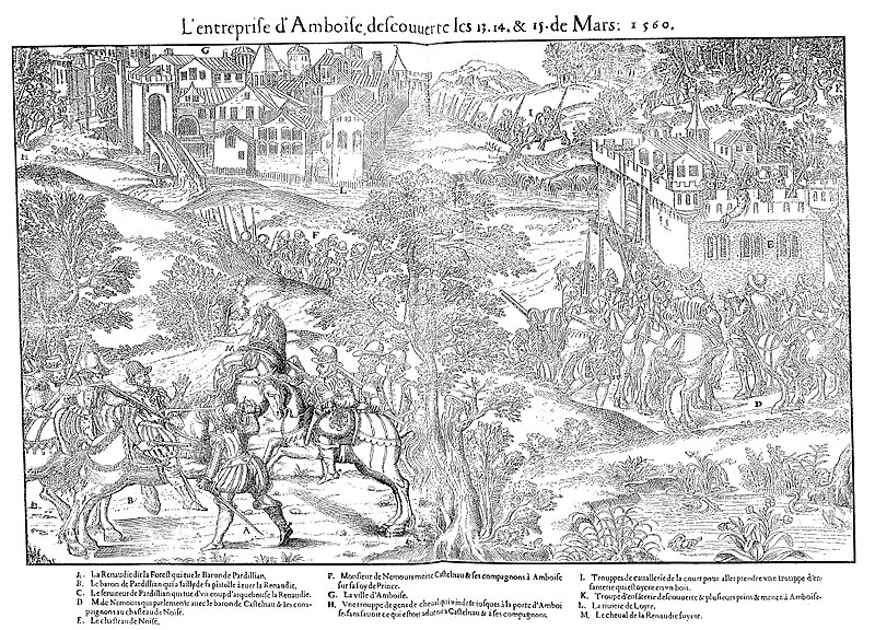 L’entreprise d’Amboise, découverte les 13, 14 et 15 mars 1560. Gravure de Tortorel et Perrissin, série des Quarante Tableaux, vers 1570.