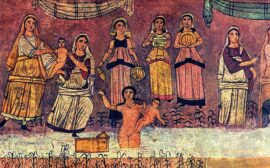 Fresque de la synagogue de Doura Europos, 3e siècle, Syrie actuelle. La fille de pharaon, entourée de suivantes, recueille Moïse bébé d’un panier flottant sur un cours d’eau.