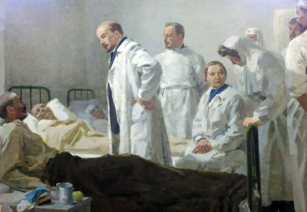 "De quoi te plains-tu, camarade ?" Tableau de M.D. Natarevich, représentant V.I. Lénine et N.K. Krupskaïa visitant les blessés à hôpital n°151 de Moscou en 1919