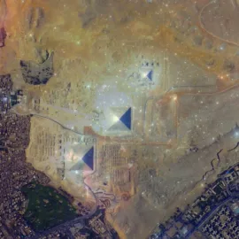Les pyramides de Gizeh et Orion en superposition (wikipedia)