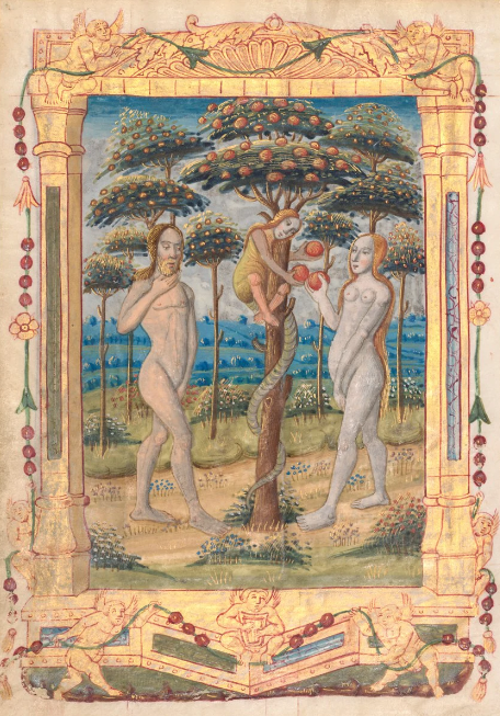 Adam, Eve et le fruit, dans un livre d’heures français du 16e siècle