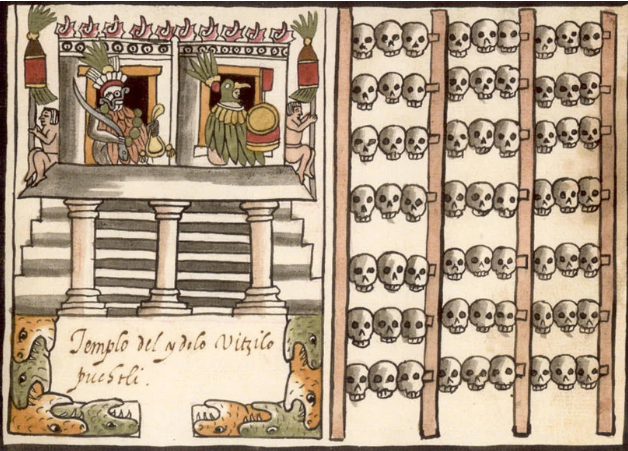 Représentation aztèque, dans le Codex Tovar du 16e siècle, d’un tzompantli, une structure de poteaux avec les crânes des sacrifiés