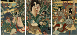 La déesse du soleil Amaterasu, de la religion japonaise shinto, sortant de sa grotte, Utagawa Kunisada, 1856