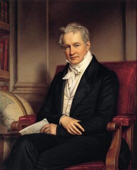 Alexandre von Humboldt devant un globe terrestre et tenant un document au sujet de son classique, Le cosmos, qui eut un succès retentissant et affirme que la Nature est ordonnée. Portrait de Joseph Karl Stieler, 1843