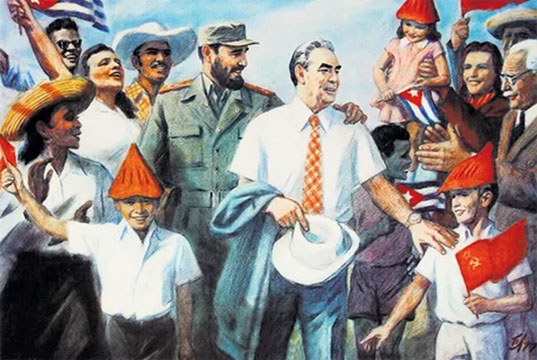 Fidel Castro avec Léonid Brejnev dans une image de propagande