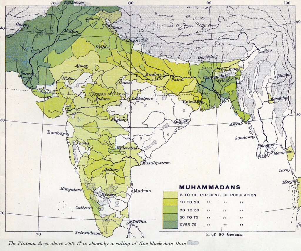 La proporción de la población musulmana en la India en 1909