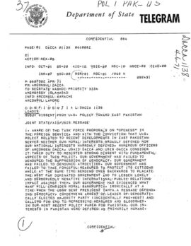 Le télégramme horrifié du consul général américain à Dacca, Archer Blood, avec 19 autres membres du personnel diplomatique, sur les événements de 1971, avec une protestation ouverte contre le gouvernement américain