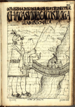 Page de titre de La Primera y Nueva Corónica y el buen Gobierno (1615, de Guaman Poma de Ayala, un chroniqueur quechua de la colonisation espagnole
