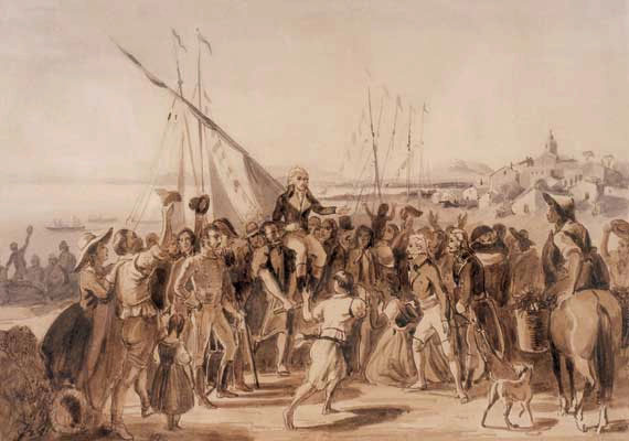 Francisco de Miranda salué lors de son arrivée à La Guaira, lavis de Johann Moritz Rugendas, vers 1840