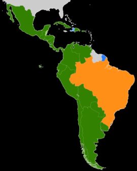 Les principales langues en Amérique latine : en vert l’espagnol, en orange le portugais et en bleu le français