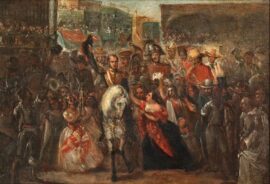 Peinture de 1842 d’Ignacio Merino montrant Luis José de Orbegoso entrant dans Lima durant la guerre civile au Pérou, alors que la Confédération péruvio-bolivienne s’est effondrée il y a peu