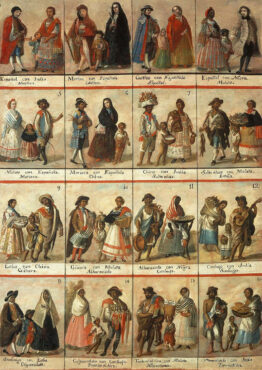 Chaque mélange ethnique est catégorisée, formant un système de castes : ici une représentation d’Amérique latine du 18e siècle